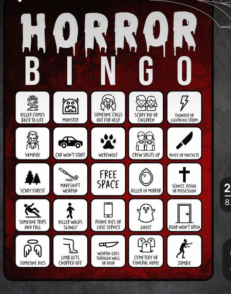 Horror Movie Games, Horror Movie Bingo, Horror Game Ideas, Bingo Movie, Movie Bingo, Friday The 13th Games, Movie Games, Horror Movie Night, Friend Party