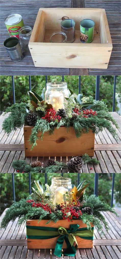 DIY Christmas table decorations centerpiece for almost free! Easy tutorial & video on how to make a beautiful, long-lasting Christmas centerpiece as decor & gifts in 10 minutes! A Piece of Rainbow   #holiday   #diy  #christmas #christmasdecor  #christmasideas #thanksgiving #homedecor #homedecorideas #gardens #crafts #crafting #craftsforkids #farmhouse #vintage #farmhousestyle #farmhousedecor   #rusticdecor #partyideas #centerpiece #table Christmas Table Decorations Centerpiece, Christmas Table Decorations Diy, Outdoor Christmas Planters, Diy Christmas Table, Winter Planter, Christmas Planters, Christmas Centerpieces Diy, Christmas Centerpiece, Deco Floral