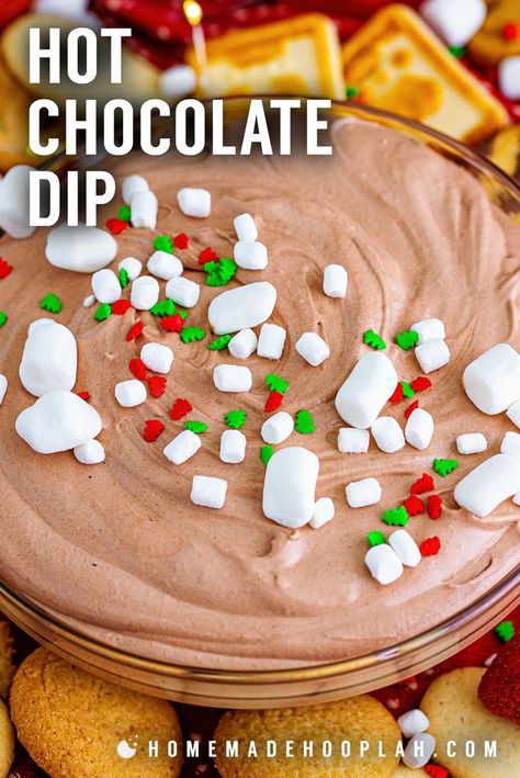 Hot Chocolate Dip! Turn the most comforting drink into a decadent party dip with this 4-ingredient hot chocolate dip, topped with marshmallows and served with cookies and fruit! | HomemadeHooplah.com Hot Chocolate Dip Recipe, Hot Chocolate Dip, Chocolate Dip Recipe, Holiday Dips, Christmas Dip, Chocolate Dip, Party Dip, Frozen Hot Chocolate, Sweet Dips