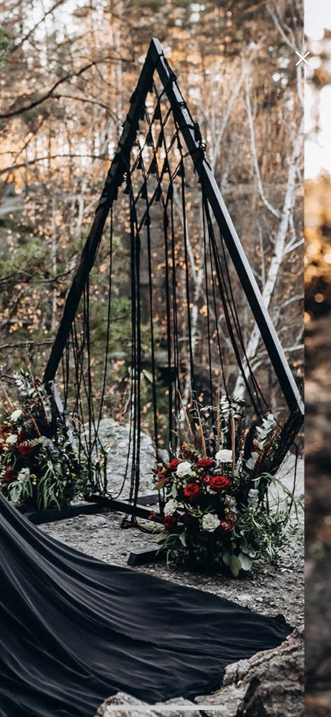 Gothic Backdrop Wedding, Black Wedding Alter Ideas, Nontraditional Wedding Arch, Black Wedding In The Woods, Gothic Fall Wedding Ceremony Decor, Black Viking Wedding, Goth Chic Wedding, Gothic Wedding Arch Ideas, Black Bohemian Wedding