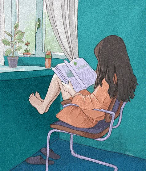 Ilustracion sola leyendo moderna A Girl, Reading, Anime