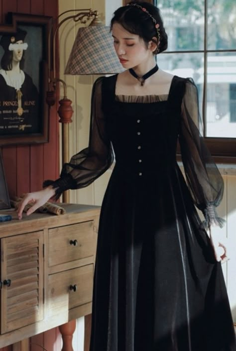 Dress Korean Style Party Black, Korean Fashion Black Dress, Korean Black Dress Aesthetic, Spring Gothic A-line Dress, Black Drees Korean Style, Gaun Tulle, Latest Casual Dress, Vintage Dresses Online, Korean Fashion Dress