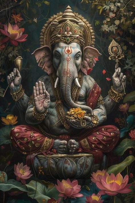 Ganesha Art Illustration, Shri Ganesh Images, Indian Art Gallery, Cool Pictures For Wallpaper, Lotus Art, Shri Ganesh, Lord Ganesha Paintings, Sleep Music, Ganesh Images