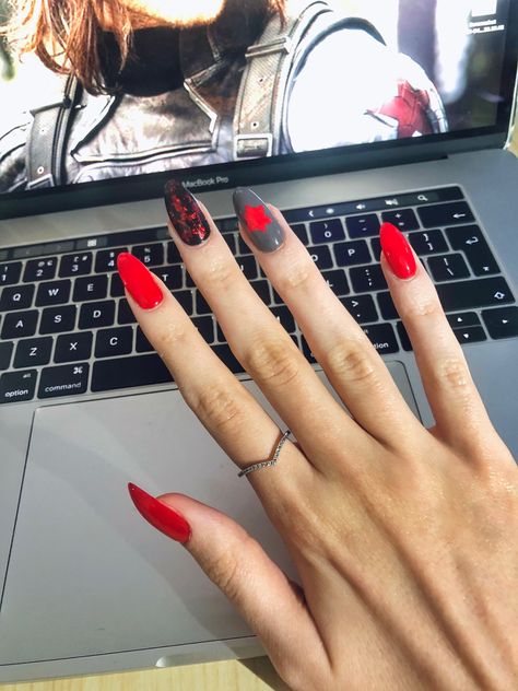 Avengers Nails Designs, Marvel Themed Nails, Marvel Nail Ideas, Marvel Acrylic Nails, Bucky Barnes Nails, Marvel Inspired Nails, Winter Soldier Nails, Marvel Nails Designs, Marvel Nail Art