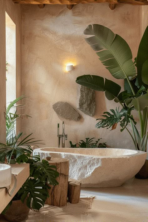 Tulum Style Home Decor, Luxury Biophilic Interior, Bathroom Inspo Plants, Organic Materials Interior Design, Modern Spanish Style Homes Bathroom, Natural And Organic Design, Modern Organic Design Interiors, Natural Organic Bathroom, Mediterranean Modern Bathroom