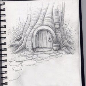 Nature Sketches Pencil, Fairy Garden Drawing, Hobbit Home, Blurry Images, Fairy Garden Art, Pencil Tree, Landscape Pencil Drawings, Gnome Home, Forest Drawing