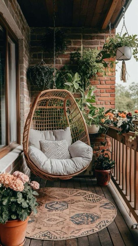 Hanging Chair Balcony, Garden Reading Corner, Balcony Nook, Rattan Ideas, Bohemian Porch, Balcony Swing, Interior 2024, Cushion Making, Chair Balcony