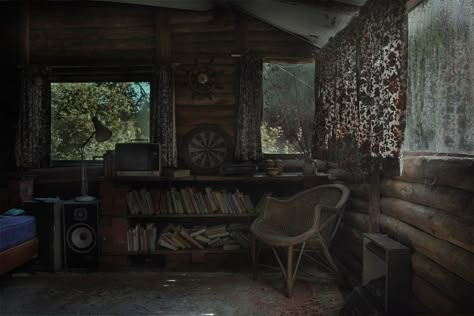 Abandoned Shack In The Woods, Summer Camp Aesthetic Cabin Interior, Run Down Cabin, Cabins In The Woods Interior, Cabin In The Woods Aesthetic, In The Woods Aesthetic, The Woods Aesthetic, Haunted Cabin, Nanowrimo 2023