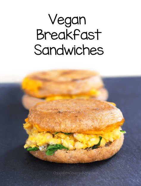 Totally vegan and soy-free, this vegan breakfast sandwich recipe is an easy, healthy recipe to take on the go! Low Carb Vegan Breakfast, Vegan Breakfast Sandwich, Burrito Vegan, Katie White, Chocolate Covered Katie, Breakfast Sandwich Recipes, Breakfast Vegan, Dairy Free Cheese, Tofu Scramble