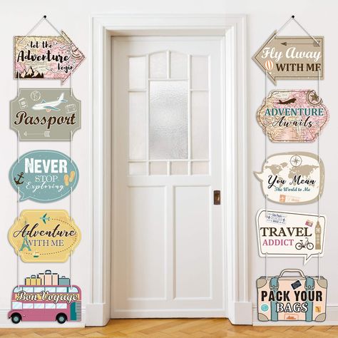 PRICES MAY VARY. Travel theme signs: the travel cutouts are suitable for many fun occasions, like travel themed party decorations, baby shower, graduation retirement, job career change, farewell party decorations supplies, co-worker moving away, enjoy the happy time by using these banner Package includes: 10 pieces adventure action sign cutouts, the size of each card is about 11.8 x 9.1 inch, 2 ropes which the length of each one is 4 m; 40 pieces non-trace glue points; The travel themed backdrop Travel Themed Birthday Party, Bon Voyage Banner, Travel Party Decorations, Farewell Party Decorations, Party Wall Decorations, Adventure Decor, Adventure Signs, Adventure Baby Shower, Travel Party Theme