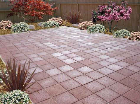 Patio Red Pavers Backyard, Paver Patio Ideas, Yard Makeover, Pavers Backyard, Stone Patio, Home Vegetable Garden, Square Stone, Backyard Inspo, Red Square