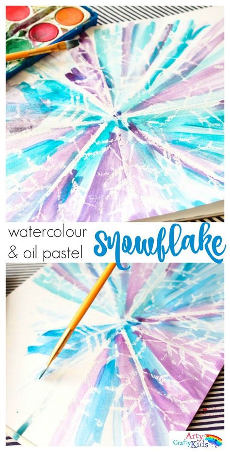 Watercolour and Oil Pastel Resist Snowflake Kids Art ~ Arty Crafty Kids! #art #snowflake Oil Pastel Resist, Snowflake Art, Snowflakes Art, Art Project For Kids, Winter Art Projects, Project For Kids, Kids Watercolor, Winter Preschool, Winter Crafts For Kids