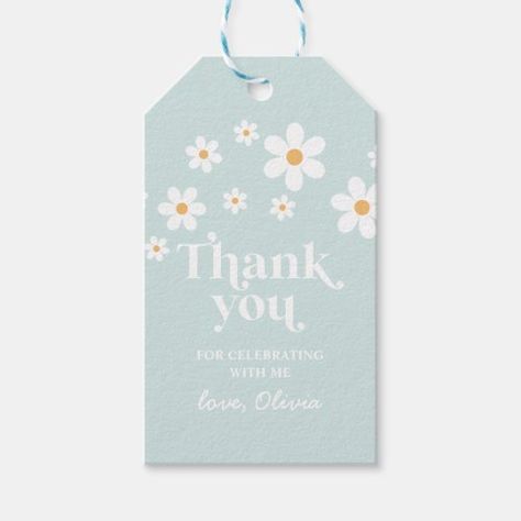 Retro Daisy blue boho thank you favor Gift Tags International Day of Peace - retro, daisy, 70s, boho, girl, flowers, floral, baby shower, peace love and baby, light Daisy Theme, Daisy Baby Shower, Boho Fonts, Blue Invitation, Birthday Gift Tags, Gender Party, Retro Daisy, Floral Birthday, Party Favor Tags