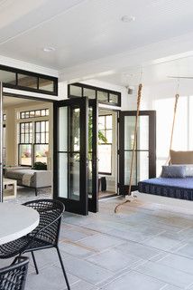 Transitional Sunroom, Contemporary Sunroom, Doors To Deck, French Doors Living Room, Black French Doors, Stacking Doors, Double French Doors, French Doors Patio, Backyard Porch