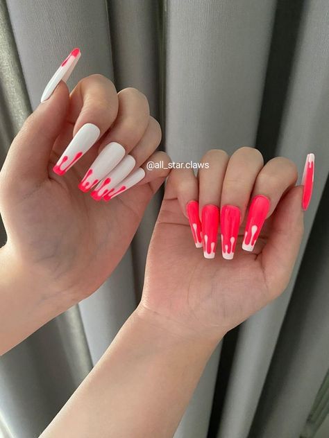 Hot Pink Drip Nails, Drip Gel Nails, White Nails With Hot Pink Design, Nails With Drip Design, Drippy Nail Design, White Drip Nails, Hot Pink And White Acrylic Nails, Drip Nails Acrylic, Hot Pink Nail Art Designs