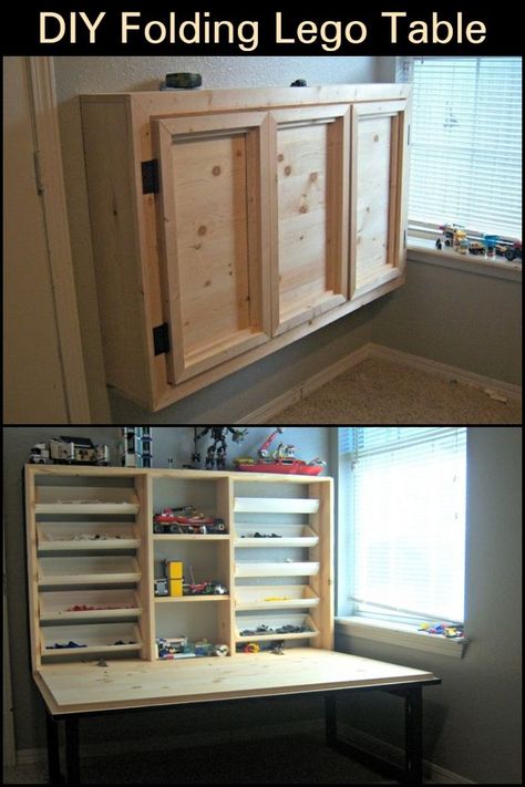 Legos may be tiny but they sure cause a lot of pain when you step on them. With this DIY folding lego table, your child gets a play spot and you get a clever storage system that keeps legos out of the floor. Hanging Lego Storage, Hidden Lego Table, Diy Murphy Craft Table, Lego Desk Diy, Lego Table Diy Storage, Diy Lego Desk, Lego Storage Small Space, Lego Table For Adults, Lego Table Under Loft Bed