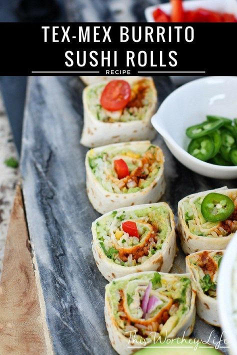 This Cinco de Mayo do it up big time with Modelo and Corona paired with our super 'lish Cinco de Mayo Tex-Mex Burrito Sushi Rolls! Perfect match! Mexican Sushi, Sushi Roll Recipes, Gluten Free Puff Pastry, Mexican Appetizers, Sushi Roll, Appetizer Bites, Sushi Recipes, Dinner Appetizers, Great Appetizers