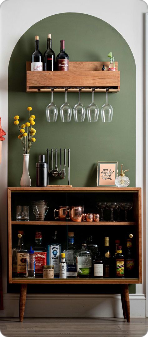 Simple House Decorating Ideas, At Home Bar Design, Wine Rack In Living Room Ideas, Wine Home Bar, Bar Room Furniture Ideas, Wine Space Ideas, House Wine Bar Design, Home Liquor Bar, Normal Home Decor