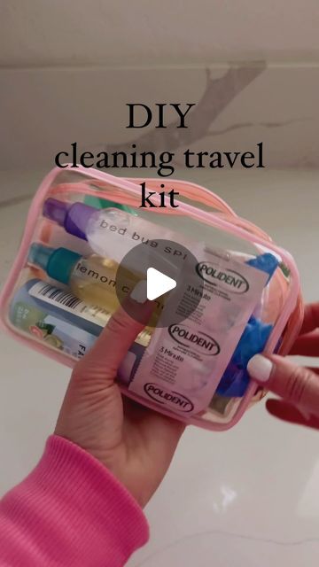 Alissa | DIY • CLEANING on Instagram: "Comment TRAVEL for link.   Travel is so fun but thinking of all the people that have been in a hotel or Airbnb can gross me out. I’ve always kept disinfectant wipes in my travel bag but I finally decided to make this kit and it is AMAZING🙌🏻   I mixed store bought with some of my home diy home cleaners to make this.  -bag -paper towels  -homemade bug bed spray (1/2 alcohol 1/2 water with some essential oil (I used lavender)  -homemade lemon disinfectant - (lemon vinegar) -polident tablets for toilet  -wipes  -febreeze  -disposable gloves  -paper towels   #cleaningaccount #cleaningvideo #cleaningasmr #cleanwithme #homemadecleaningproducts #cleanstagram #vinegar #travelbags #cleanhouse" Hotel Cleaning Kit, Travel Cleaning Supplies, Travel Cleaning Kit, Diy Home Cleaners, Clorox Spray, Bed Spray, My Travel Bag, Bed Bug Spray, Diy Bug Spray