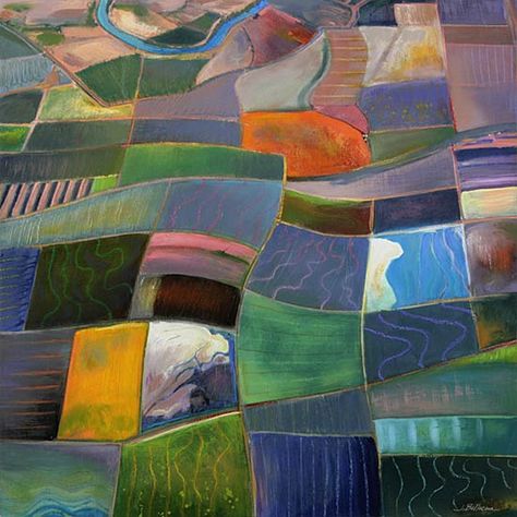 Joseph Bellacera, Fields of Light Series #16, Oil on Panel, 24" x 24" aerial landscape painting, aerial abstract, abstract landscape painting, landscape quilt, agricultural landscape painting, rice field paintings Fields From Above, Landscape From Above, Nature Abstract Art, Field Art, Landscape Quilt, Aerial Arts, Kunming, Aerial Photo, Colorful Landscape