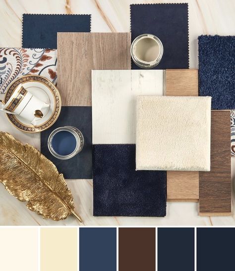 Modern Rustic Colors Palette, Blue Gold Brown Color Scheme, Brown And Blue Furniture, Navy Black And Brown Living Room, Navy Gray Brown Color Palette, Navy Taupe Color Palette, Navy Blue Grey Color Palette, Deep Navy Blue Aesthetic, Navy Salon Ideas