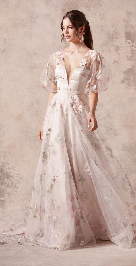 Cherry Blossom Wedding Dress, Hand Painted Wedding Dress, Painted Wedding Dress, Savin London, Pastel Wedding Dresses, Best Cocktail Dresses, Blush Floral Wedding, Sophia Grace, Weddding Dress