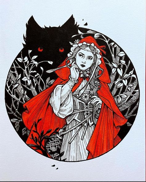 Red Riding Hood Tattoo, Pen Art Work, Spooky Tattoos, Dot Art Painting, Sketchbook Inspiration, Creative Drawing, Ink Illustrations, Little Red Riding Hood, Red Riding Hood