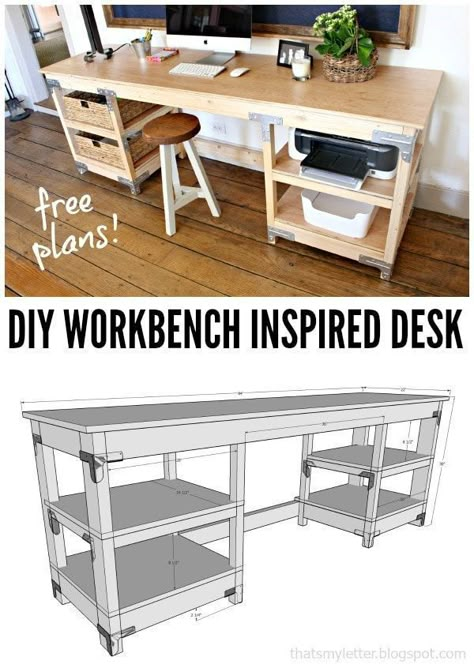 A DIY tutorial to build a workbench inspired desk.  Use Simpson Strong-Tie connectors and fasteners to build a solid wood desk with shelving. #diyfurniture #simpsonstrongtie Building A Workbench, Craft Table Diy, Desk Plans, Diy Workbench, Solid Wood Desk, Diy Holz, Craft Room Office, Diy Desk, Wood Desk