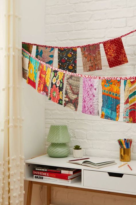 Hang boho textures up in your space with this wall banner. Features a Kantha flag design with multiple prints and colourways. Strung together by a colourful thread and finished with raw-cut seams. Boho Bunting, Indian Curtains, Recycled Decor, Flag Wall Decor, Clean Crafts, Boho Texture, Indian Interiors, Kantha Embroidery, Wall Flag