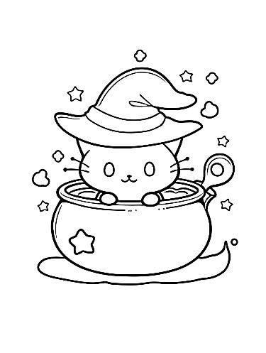 Adorable chibi cat is brewing a potion in her cauldron. This coloring page is perfect for kids of all ages. #coloringpage #cat #chibi #brewing Potion Coloring Page, Chibi Witch, Chibi Cat, Dragons Breath, Animals Coloring, Color Test, Animal Coloring Books, Kawaii Animals, Cute Chibi