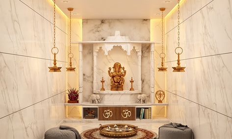 5 Exquisite Marble Pooja Mandir Designs For Home on Design Cafehttps://www.designcafe.com Marble Pooja Mandir Ideas Design, Big Pooja Room Design, Marbal Mandir Home, Puja Room Tiles Design, Puja Room Marble Design, Pooja Room Marble Design, Marble Mandir Design For Home, Marble Pooja Room, Onyx Marble Pooja Room