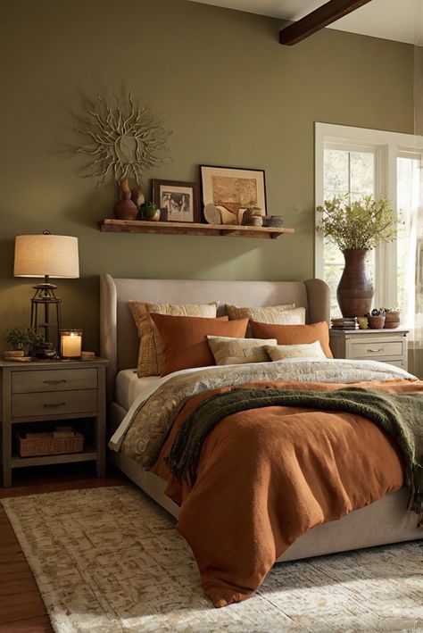 Sherwin Williams Earthy Charm, Cozy Room Paint Colors, Earthy Toned Bedroom, Room With Green Accent Wall, Earthy Tones Interior, Sherwin Williams Mega Greige, Greige Decor, Green Earthy Bedroom, Warm Bedroom Paint Colors