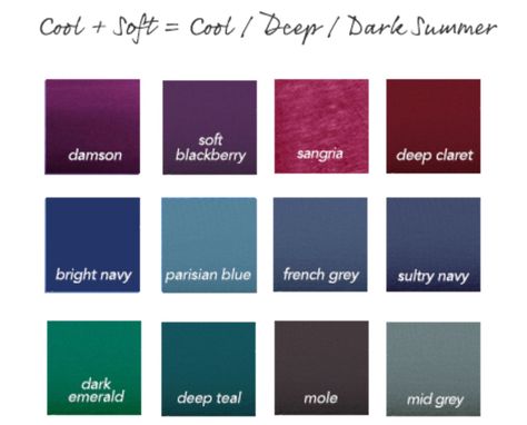 rich soft summer colors Cool Tone Capsule Wardrobe, Soft Toned Winter, Deep Summer Color Palette Outfits, Toned Winter Color Palette, Clothing Formulas, Shaded Soft Summer, Dark Summer Color Palette, Soft Winter Color Palette, Color Analysis Summer