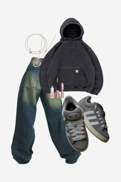 fall/winter outfit, school, clean girl, y2k, vintage, outfit inspiration | gray grey vintage carharrt sweater hoodie, blue washed baggy oversized low waist denim jeans, gray grey campus 00s adidas shoes, gold jewellery, gold pink heart necklace, gold blue diamond bracelet, dior lip oil, maybelline skyhigh mascara Carharrt Outfit Girl, Gray Campus 00s Outfit, Carharrt Outfit, Grey Campus 00s Outfit, Skyhigh Mascara, School Clean Girl, Baggy Jeans Outfit Aesthetic, Adidas Campus 00s Outfit, Grey Campus