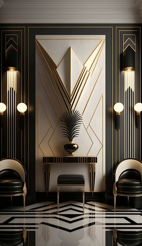 Entrance Hall Ideas Modern Luxury, Art Deco Wall Panelling Interior Design, Great Gatsby Interior Design Inspiration, Hotel Lobby Interior Design Art Deco, Art Deco Interiors, Art Deco Foyer, Art Deco Hotel Lobby, Art Deco Walls, Gatsby Interior Design