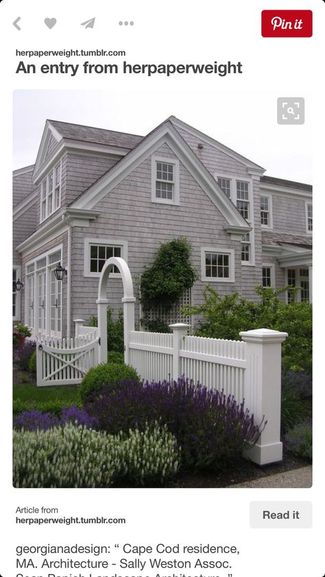 Garden Gates And Fencing, Gray House, Cape House, Cape Cod House, White Picket Fence, Landscape Design Plans, Backyard Fences, Picket Fence, Fence Design