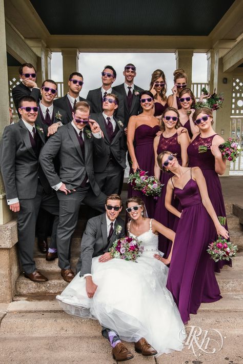 Wedding: Monica & Zach | Oak Glen Golf Course | Stillwater Wedding Photography - RKH Images Dark Purple Groomsmen Attire, Bridal Party Purple, Purple Wedding Party Attire, Grape Wedding Theme, Purple Wedding Party, Purple Wedding Ideas, Lavender Wedding Theme, Plum Bridesmaid, Stillwater Minnesota