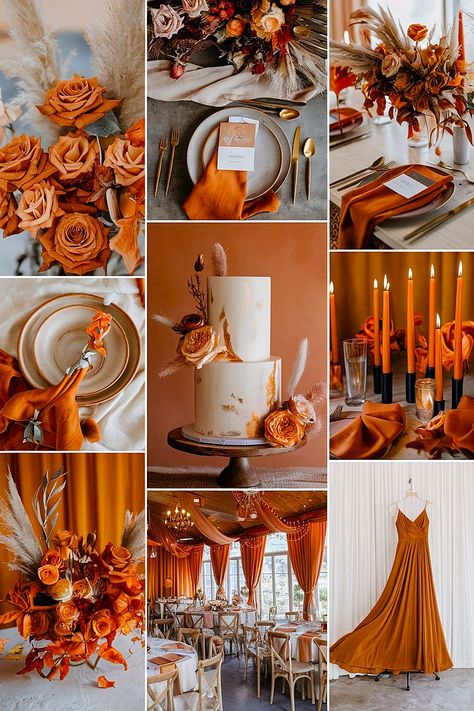 Burnt orange wedding color palette with earthy tones and florals. Burnt Orange Party Decor, Gold And Orange Wedding, Rustic Orange Wedding Decor, Dark Teal And Burnt Orange Wedding, Rusty Orange Wedding, Burnt Orange Wedding Ideas, Sunset Orange Wedding, Orange And Gold Wedding, Rose Gold Wedding Palette