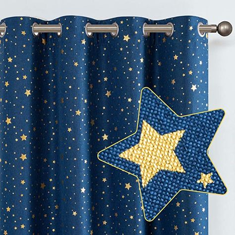 Amazon.com: jinchan Blackout Curtains for Kids Bedroom Christmas Gold on Flax Star Design Faux Linen Textured Grommets Shiny Star Window Drapes Living Room 2 Panels 84" L Denim Blue : Home & Kitchen Christmas Starry Night, Starry Night Bedroom, Star Curtains, Drapes Living Room, Curtains For Kids, Nursery Blackout Curtains, Textured Curtains, Star Window, Long Room