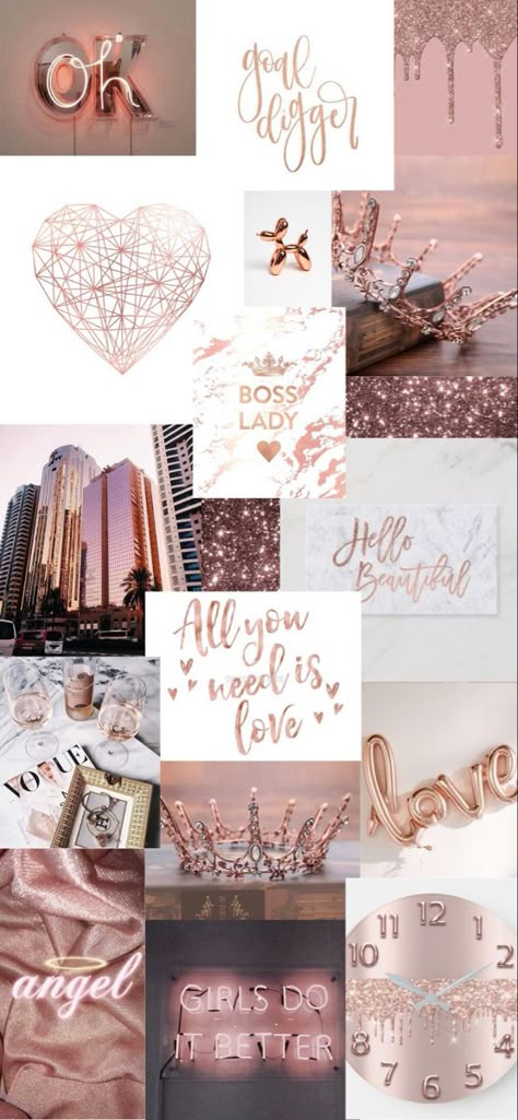 phone screensaver Pink Wallpaper Iphone Collage, Pastel Pink Wallpaper Collage, Rose Gold Aesthetic Collage, Rose Gold Collage Wallpaper, Pretty Pink Aesthetic Collage, Positive Quotes Wallpaper, Wallpaper Notebook, Rose Gold Wallpaper, Cute Black Wallpaper