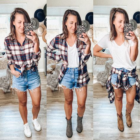 20+ ways to style a flannel shirt: how to wear Shorts And Flannel Outfit, Flannel With Shorts, Ways To Style A Flannel, Style A Flannel Shirt, How To Style A Flannel Shirt, How To Wear A Flannel Shirt, How To Wear A Flannel, Dress With Flannel, How To Style A Flannel