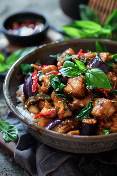 Stir-fried chicken with basil and vegetables served over white rice in a bowl. Eggplant Thai Basil, Thai Sides Veggies, Thai Eggplant Recipes Stir Fry, Thai Veggie Stir Fry, Thai Vegetable Side Dish, Thai Eggplant Recipes, Thai Basil Eggplant Recipe, Thai Stir Fry Vegetables, Asian Vegetable Stir Fry