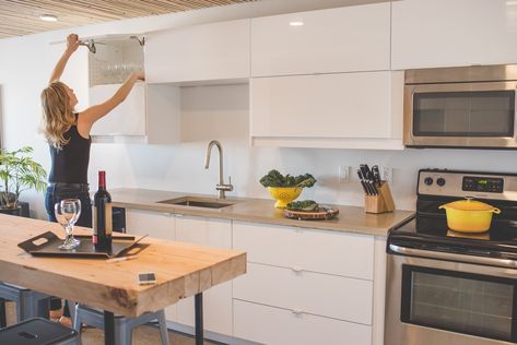 Get inspired with some examples of kitchen designs that use IKEA wall cabinetry to maximum effect. Ikea White Kitchen Cabinets, Ikea Kitchen Wall Cabinets, Ikea Wall Cabinets, White Ikea Kitchen, One Wall Kitchen, White Kitchen Appliances, Upper Kitchen Cabinets, Kitchen Tools Design, Ikea Kitchen Design