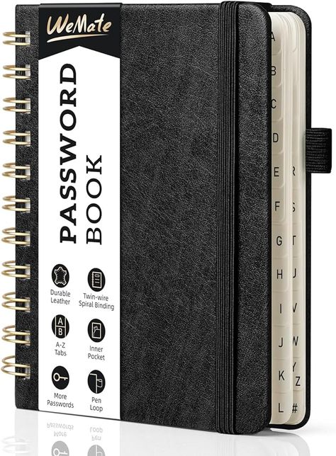 Amazon.com : WEMATE Spiral Password Book with Alphabetical Tabs, Small Password Keeper Book for Seniors, Internet Password Notebook Hardcover Password Journal logbook – 4.7''x 6'' (Black) : Office Products Password Notebook, Password Journal, Password Book, Notebook Hardcover, Good Passwords, Password Books, Password Keeper, Notebook Organization, Black Office