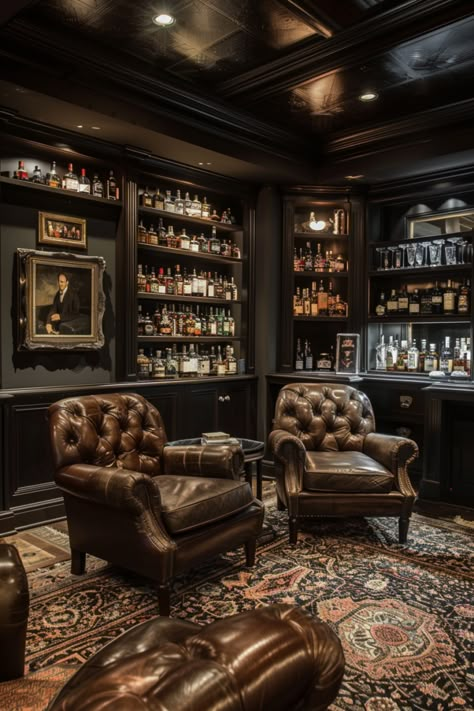 Designing The Perfect Home Whiskey Lounge: 13 Ideas & Inspiration - DreamyHomeStyle Whiskey Room Ideas, Bar Lounge Room Ideas, Bar Design Home, Bar Lounge Room, Speakeasy Decor, Whiskey Lounge, Bourbon Room, Bar Decorations, Whiskey Room