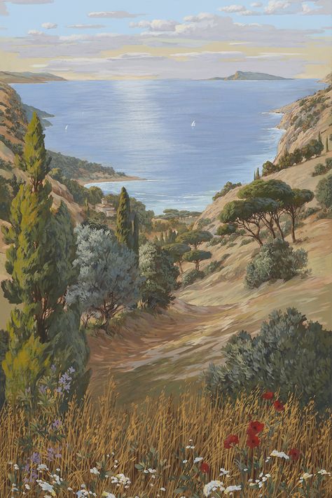 An invitation to enjoy Tuscany and its relaxing Mediterranean atmosphere. Each original painting illustrates a different scene, to be displayed alone or together according to individual preference, depicting the sea, the countryside and the mountains. Here, the painting illustrates the sea and its verdant coast. The panoramic VOYAGE EN TOSCANE was created as a Myriorama*. The panels can be displayed in any order. #pierrefreywallpaper #pierrefreyjanuary2020 #pierrefreyfurniture Pierre Frey Fabric, Interior Design Consultation, Interior Design Color, Pierre Frey, Print Wallpaper, Wallpaper Samples, Design Consultant, Tuscany, Original Paintings