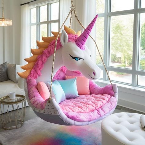 Unicorn Bed, Unicorn Beds, Unicorn Chair, Pink And Purple Unicorn Room, Luxury Baby Room, Bunk Bed Sets, Unicorn Rocking Horse, Kylie Jenner Baby, Unicorn Painting