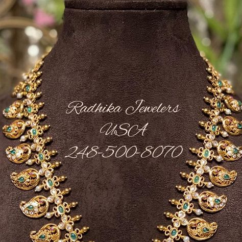 Radhika Jewelers USA on Instagram: "22 carat hallmarked mango haram. For full product details pls what’s app at below number . 248-500-8070 https://wa.me/message/OJ7EPZLJF7L3I1 Or 248-969-5357 https://wa.me/message/JJHNW2PLODOSP1 Follow us on Facebook at https://www.facebook.com/radhikajewelers/ Follow us on Instagram at @radhikajewelersusa #uncutjeweley#bridal#southindian#jewlery#necklace#bridaljewellery#designer#hyderabadjewelry#bridesoftoday#telugubrides#pellikururu#pellinagalu#south Mango Mala Designs, Mala Designs, Gold Haram Designs, Mango Haram, Mango Mala, Haram Designs, Gold Haram, Jewlery Necklace, Gold Bangles For Women