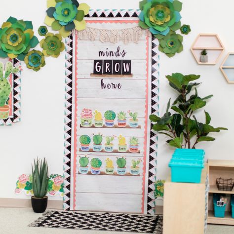 Classroom Cactus Decor, Classroom Decor Cactus, 6th Grade Classroom Themes, Door Decoration Ideas For School, Classroom Themes Middle School, Cactus Bulletin Board Ideas, Succulent Bulletin Board, Plant Themed Classroom, Cactus Classroom Theme