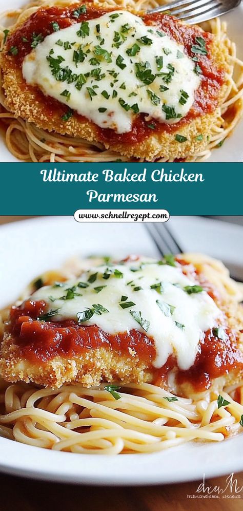 Experience the ultimate comfort food with this Baked Chicken Parmesan Recipe! Coated with a crispy Parmesan crust and served over a bed of saucy pasta. Chicken Parmesan Recipe Fresh Mozzarella, Chicken Parmesan Photography, Classic Chicken Parmesan Recipe, Parmesan Roasted Chicken, Chicken Parmesan Recipe No Egg, Make Ahead Chicken Parmesan Recipe, Crispy Baked Chicken Parmesan, Parmesan Crusted Chicken And Pasta, Oven Parmesan Crusted Chicken